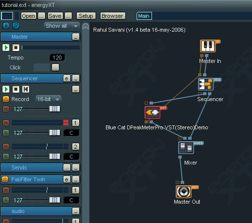 Step 03 - Rewire the connections, so that DPMP receives the audio signal (to be followed) from the sequencer and sends back MIDI data